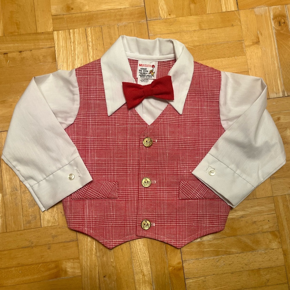 Vintage Winnie the Pooh Boys Red Plaid Vest with Bow Tie for Kids